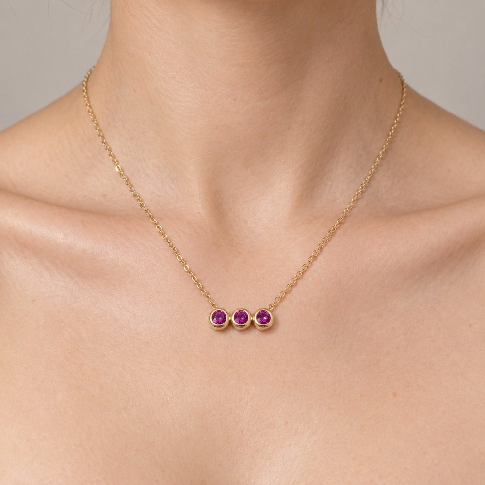 Gold Plated Stainless Steel Pink CZ Triple Bezel Pendant Necklace